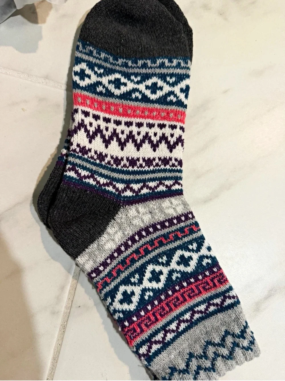 Men's womens Patterned Crew Socks in Gray with Blue, Purple & Pink Accents